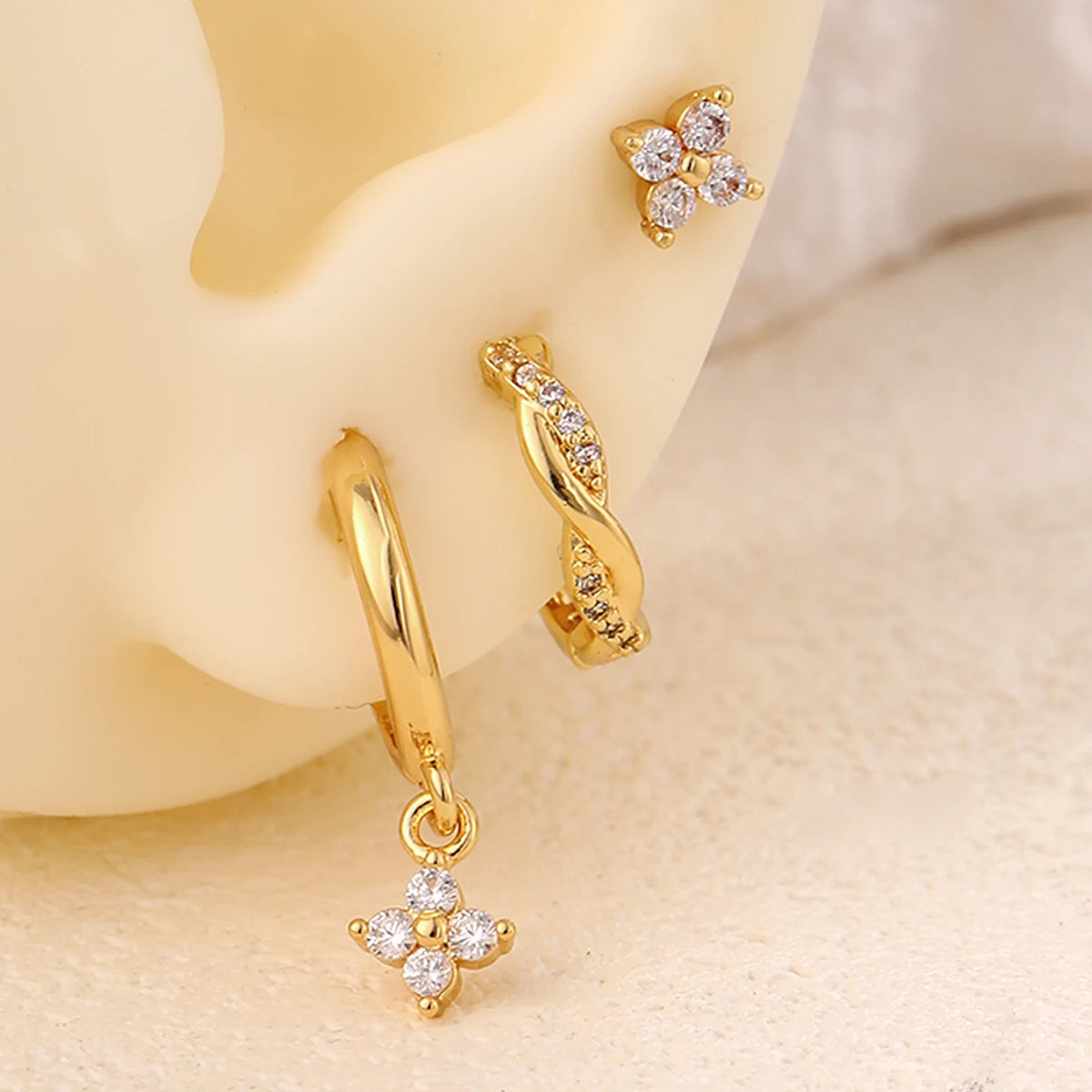 Dainty Gold-Plated Flower Dangle Hoop & Stud Stackable Earrings Set, 3 Pcs/Set