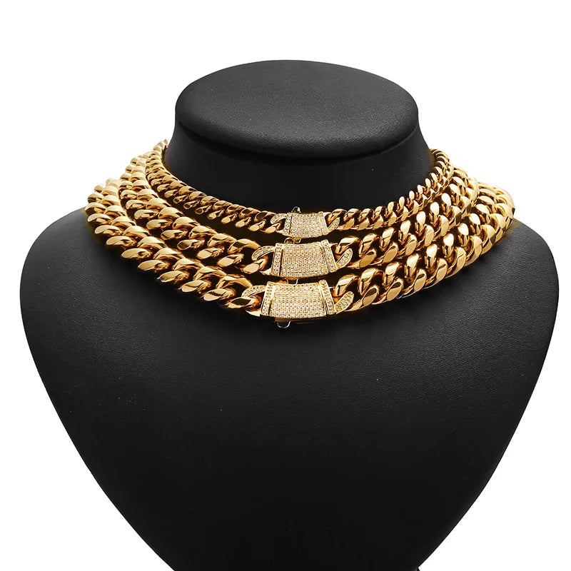 Gold Color Stainless Steel CZ Miami Cuban Chain Necklace