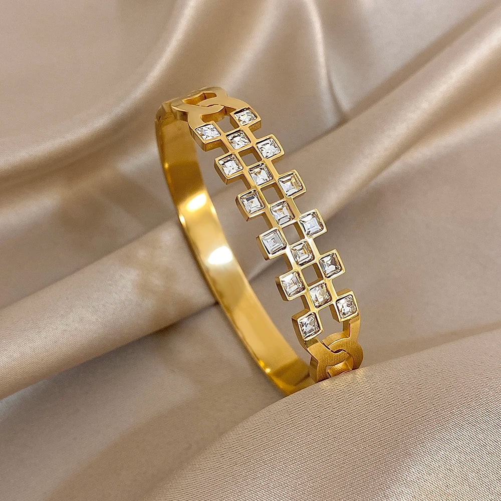 Stainless Steel Waterproof Shiny Zircon Geometric Stacked Cuff Bangle