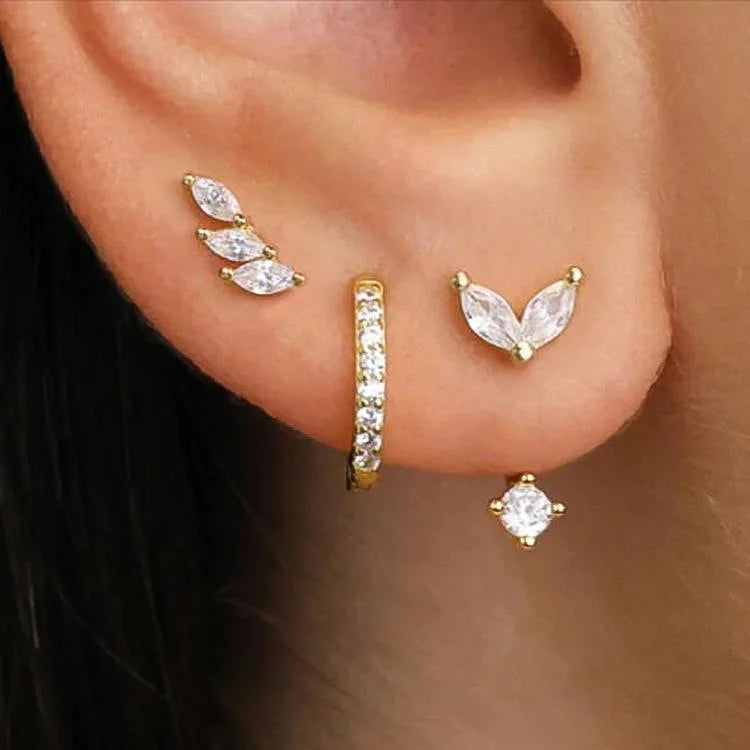 Shiny Crystal Stainless Steel Huggie Hoop Earring Set, 3 Pcs/Set