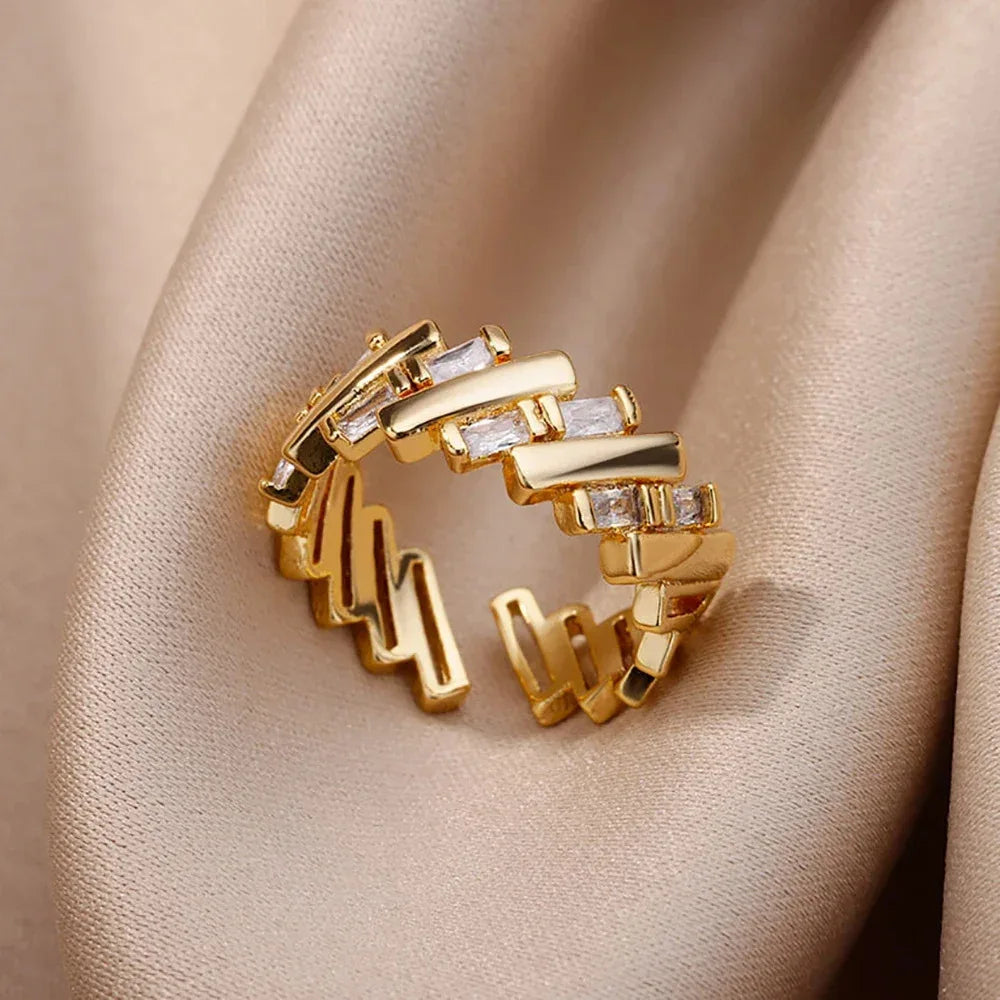 Gold-Plated Stainless Steel Crystal & Geometric Chain Ring