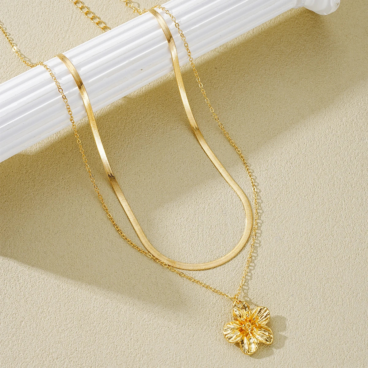 Retro Gold Color Flower & Snake Chain Necklace Set, 2 Pcs/Set