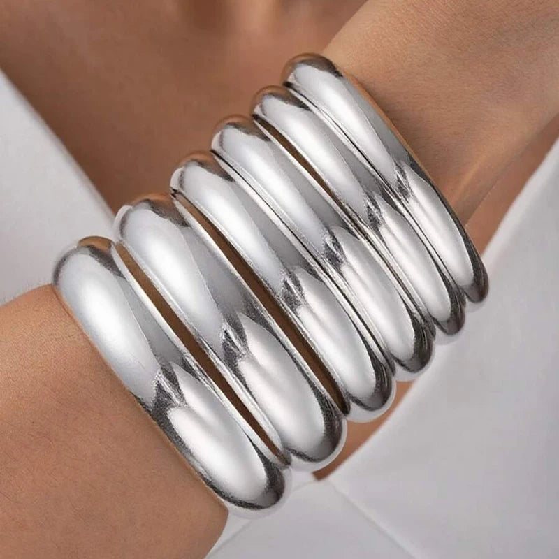 Vintage Chunky Smooth Metal Cuff Bangles Set