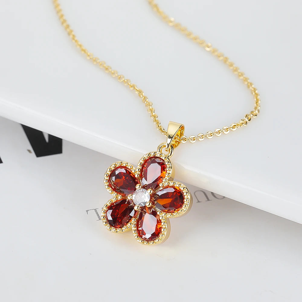 2PC Glass Crystal New Sweet Pendant Necklace Earrings Plum Blossom Five Leaf Flower Luxury Plant Women's Gift Clover