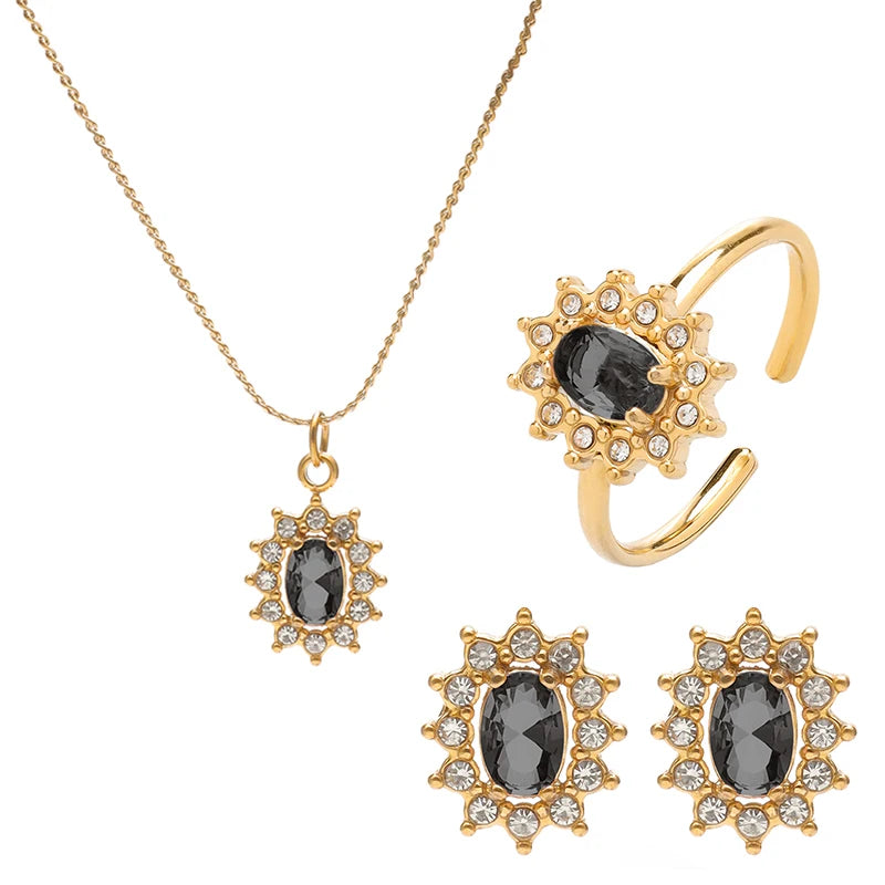 PAXA 3PCS Multicolor Round Cubic Zirconia Stainless Steel Jewelry Sets for Women Earrings Necklace Rings Fashion Elegant Jewelry