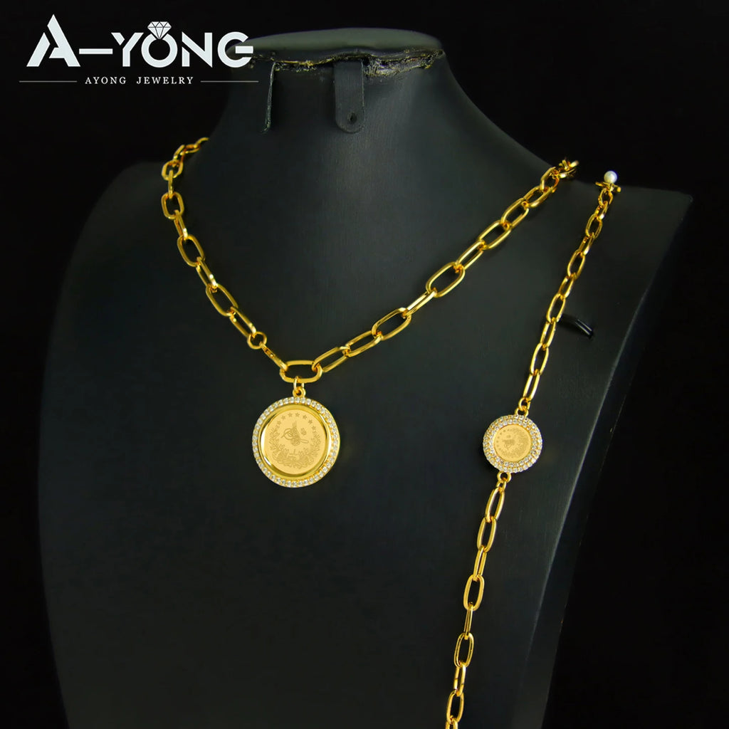 Dubai Vintage Coins Charm Jewelry Set 21k Gold Plated Turkish Bridal Zirconia Necklace Nigeria Muslim Women Wedding Jewelrys