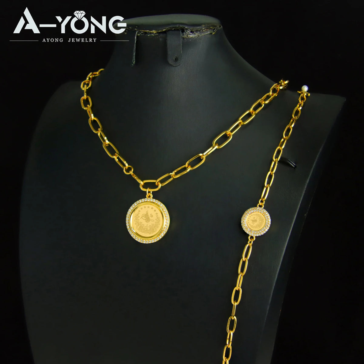 Dubai Vintage Coins Charm Jewelry Set 21k Gold Plated Turkish Bridal Zirconia Necklace Nigeria Muslim Women Wedding Jewelrys