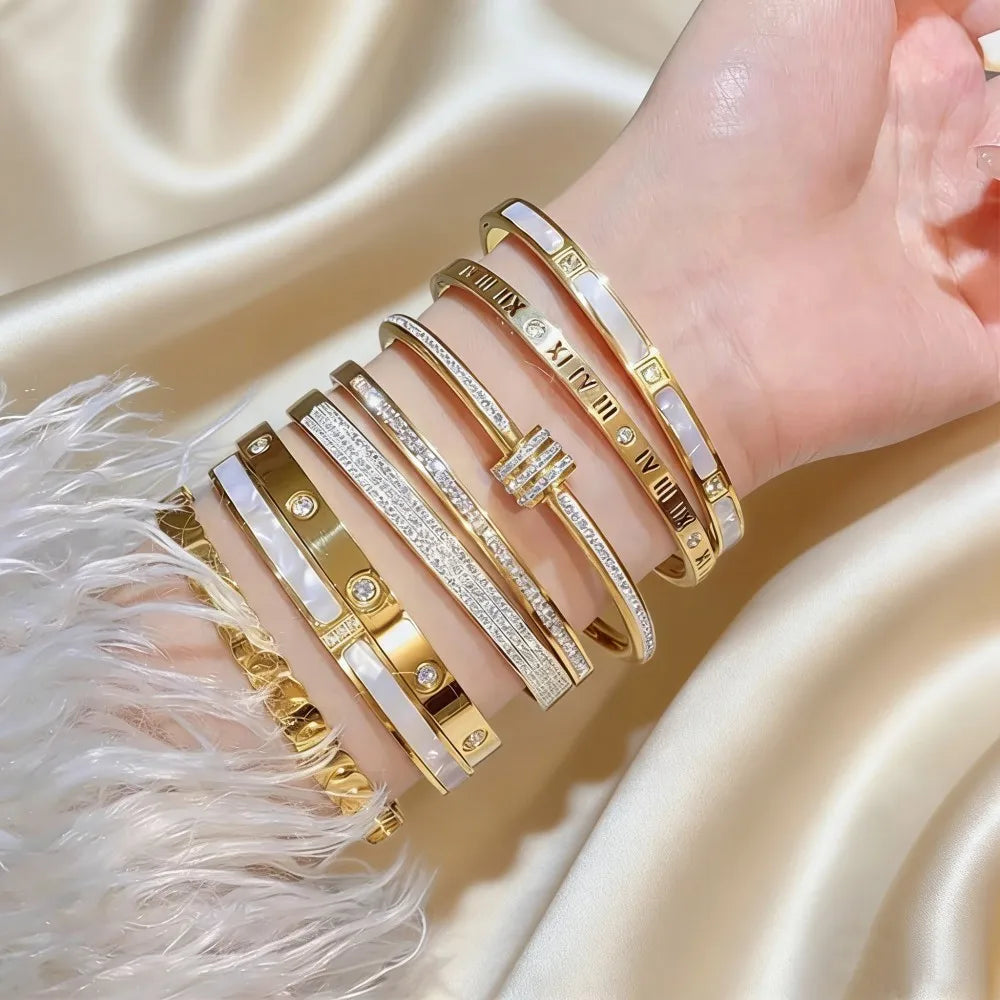 Bracelet jonc de luxe en acier inoxydable plaqué or pour femme, accessoire de mode, cadeau de fête des Mères