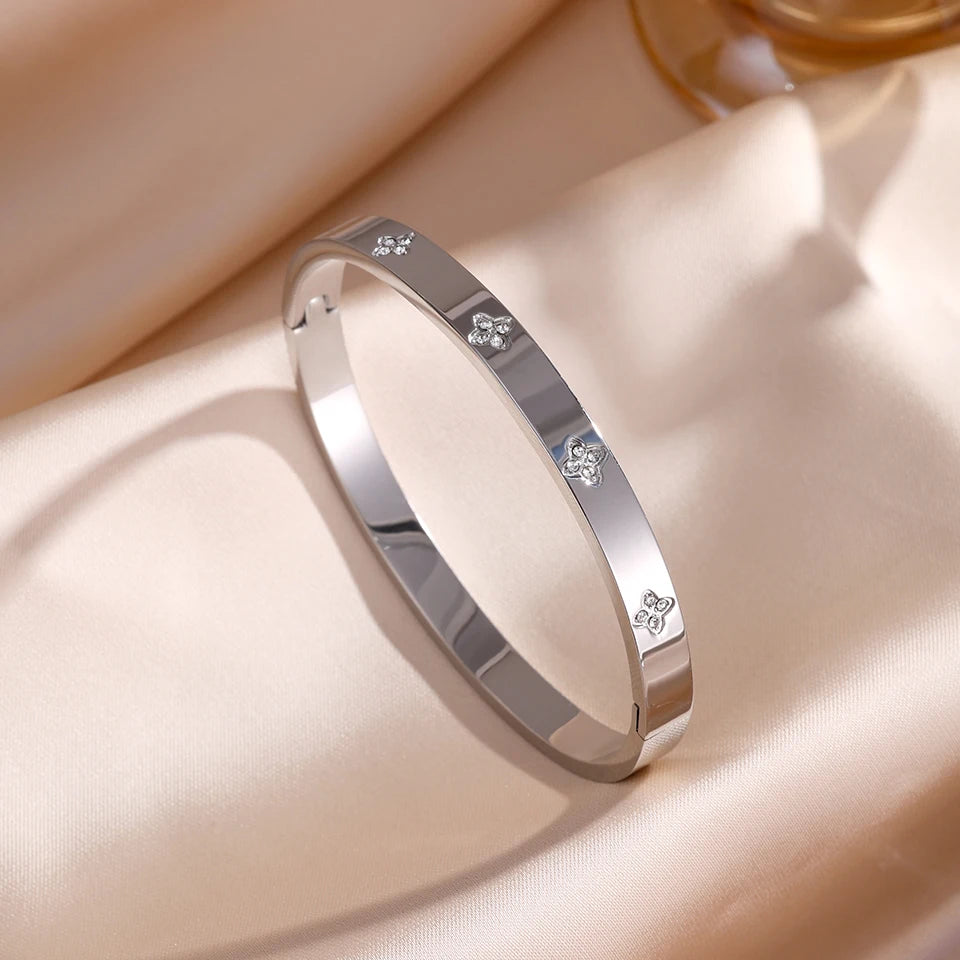 Sparkling Zirconia-Inlaid Stainless Steel Stackable Bracelet Set
