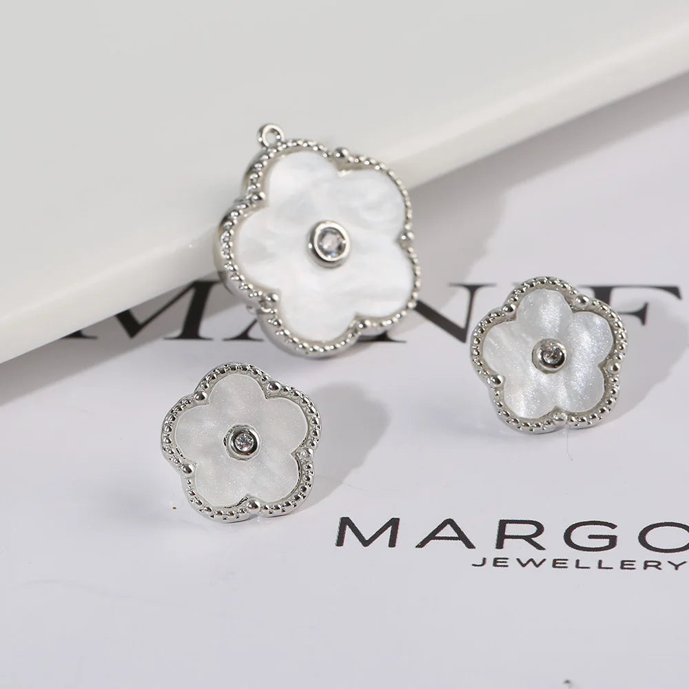 Double Sided Zircon New Design Plant Pentaphyllum 2pc Set Cute Shell Jewelry For Women's High-Quality Gifts Luxurious Clover