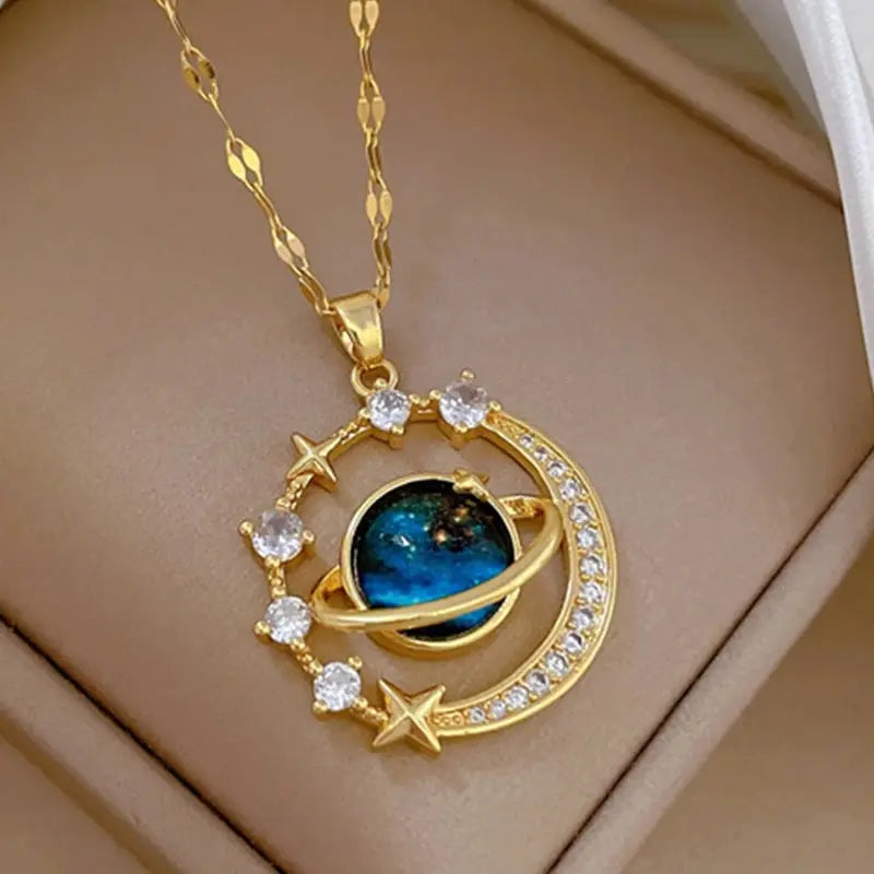 Light Luxury Titanium Steel Star Series Planet, Moon & Astronaut Pendant Necklace