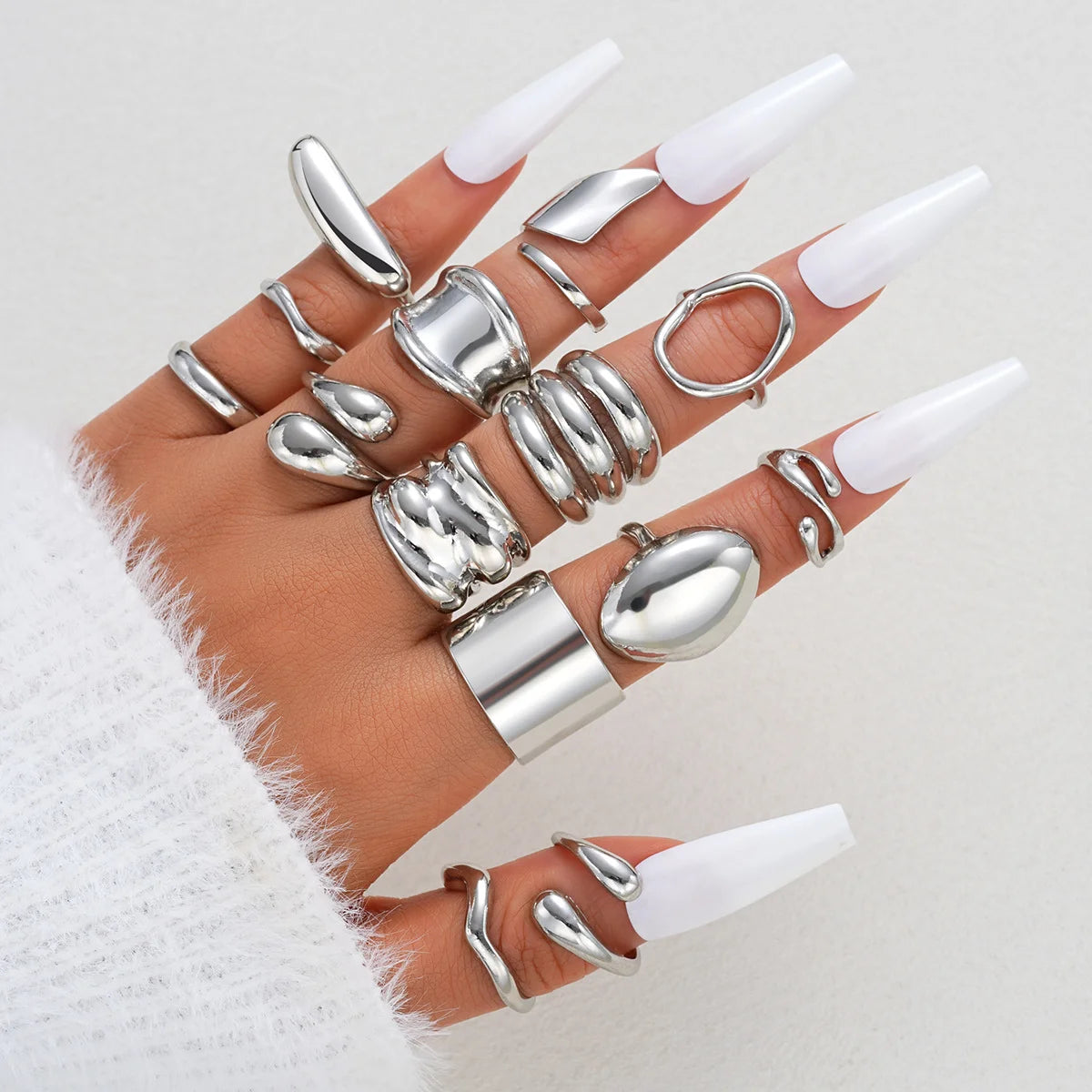 Vintage Exaggerated Smooth Asymmetrical Geometric Rings Set, 14 Pcs/Set