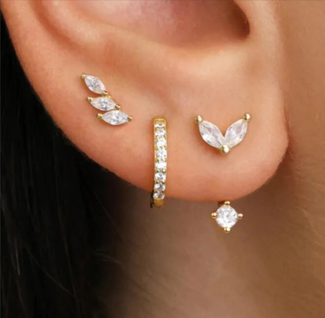 Dainty Gold-Plated Flower Dangle Hoop & Stud Stackable Earrings Set, 3 Pcs/Set