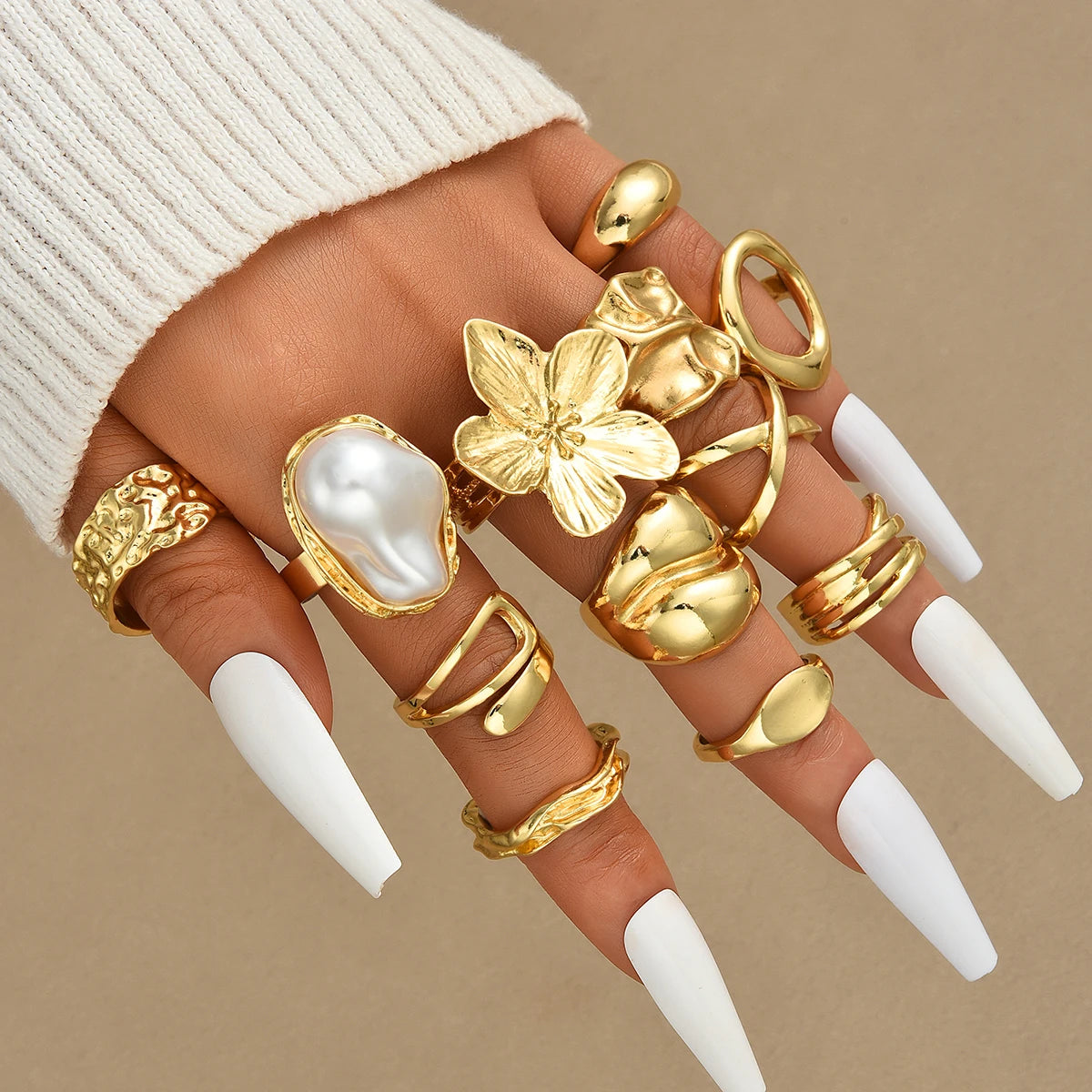 Bohemian Irregular Gold Color Flower & Pearl Opening Rings Set, 12 Pcs/Set