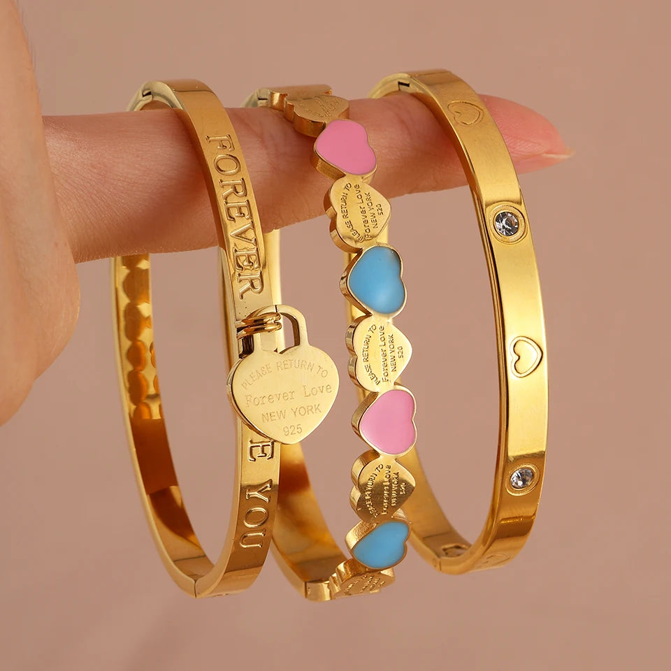 ChooseMe 3-Piece Stackable Stainless Steel Heart Elements Waterproof Bangle Set