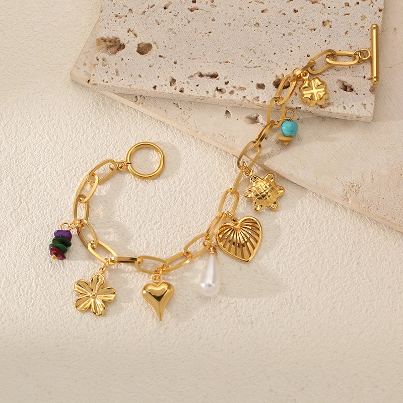 EILIECK 316L Stainless Steel Heart Flower Pearl Charms Bracelet For Women Gold Color OT Clasp Hand Chain Holiday Gift
