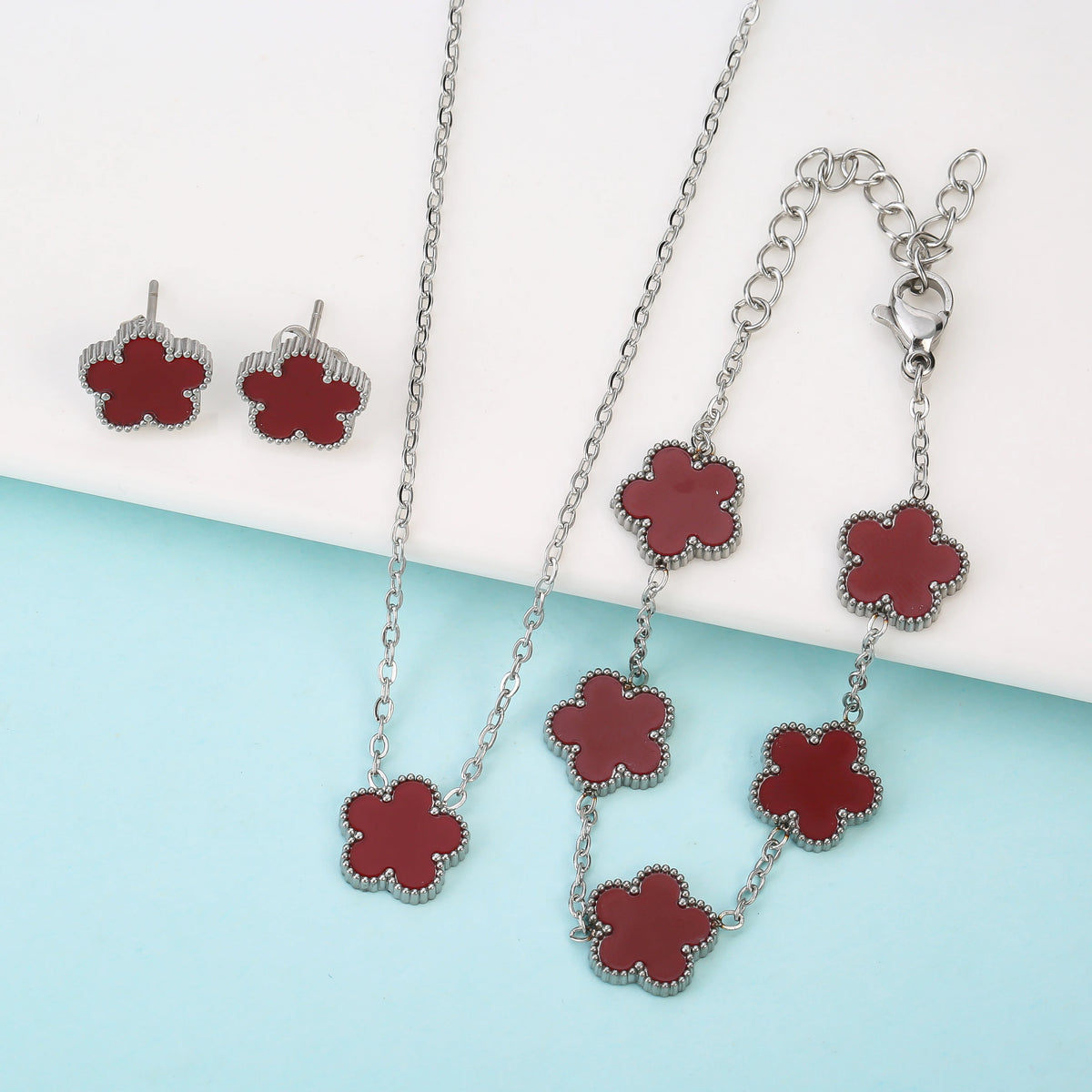 Silver/Gold Plated New Stainless Steel Jewelry Set Plum Blossom Five Leaf Flower Women's High Quality Accessories Clover