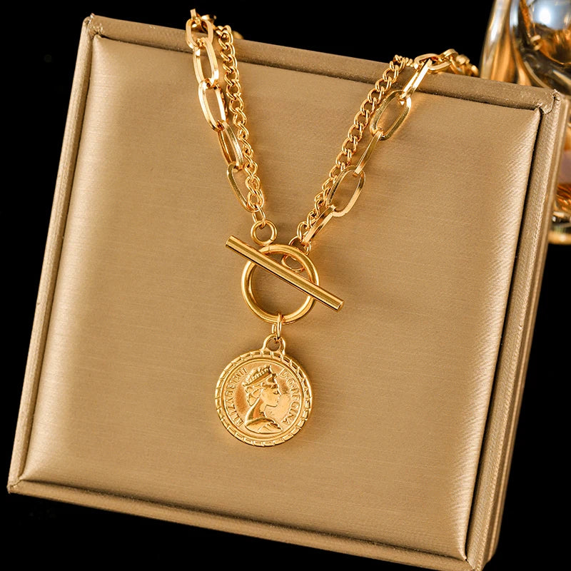 EILIECK 316L Stainless Steel Gold Color Portrait Coin Necklace Bracelets Set For Women New Trendy OT Buckle Waterproof Jewelry