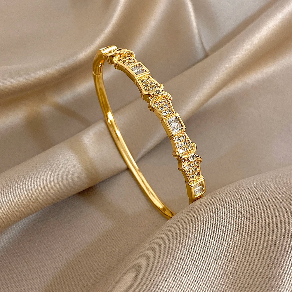 Stainless Steel Waterproof Shiny Zircon Geometric Stacked Cuff Bangle