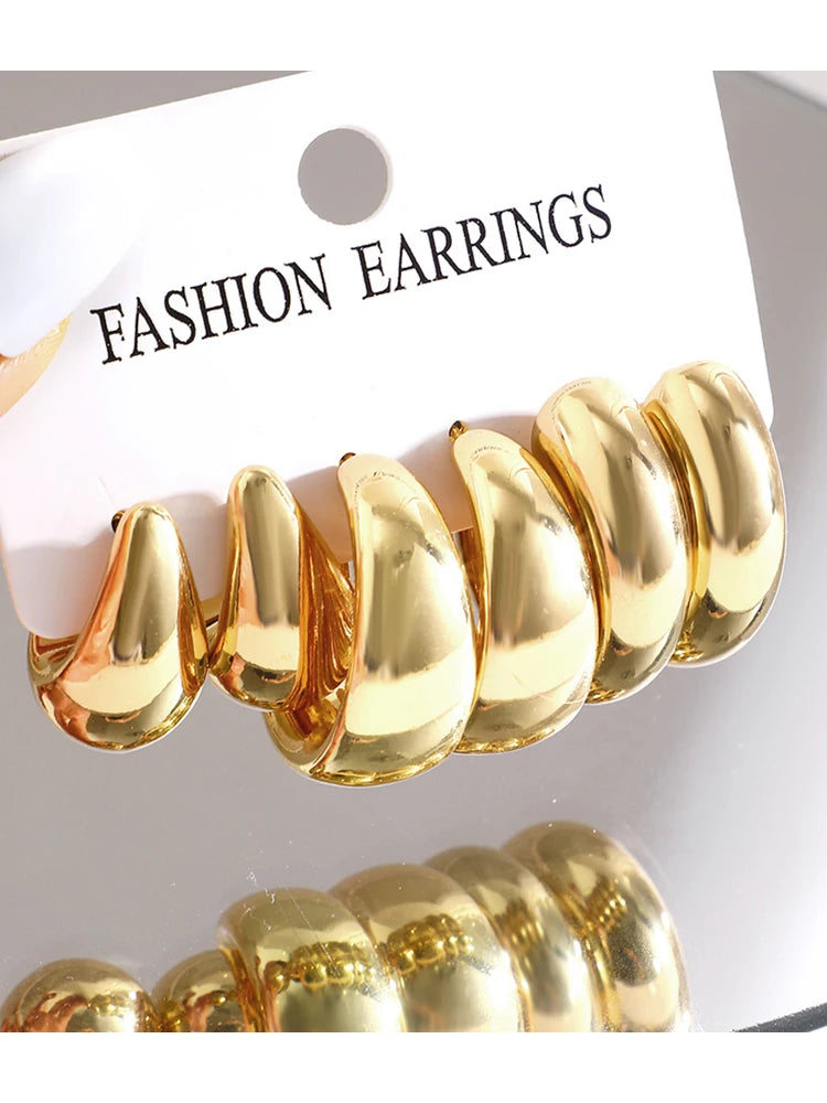 Classic Twist Gold-Color Earring Set, 12 Pcs/Set
