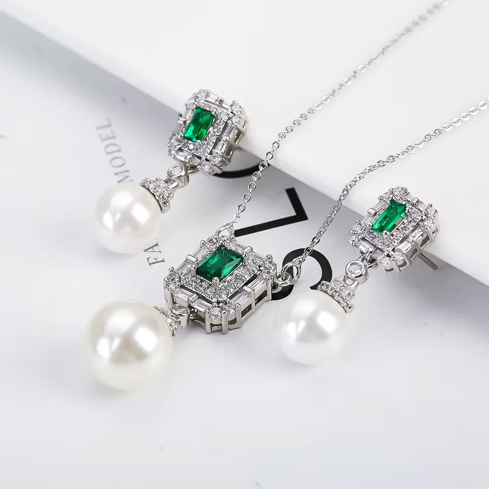 Luxury New Design Simple Irregular Pearl Classic Retro Pendant Necklace Earring Jewelry Set 18K Gold Plated Square Crystal Women
