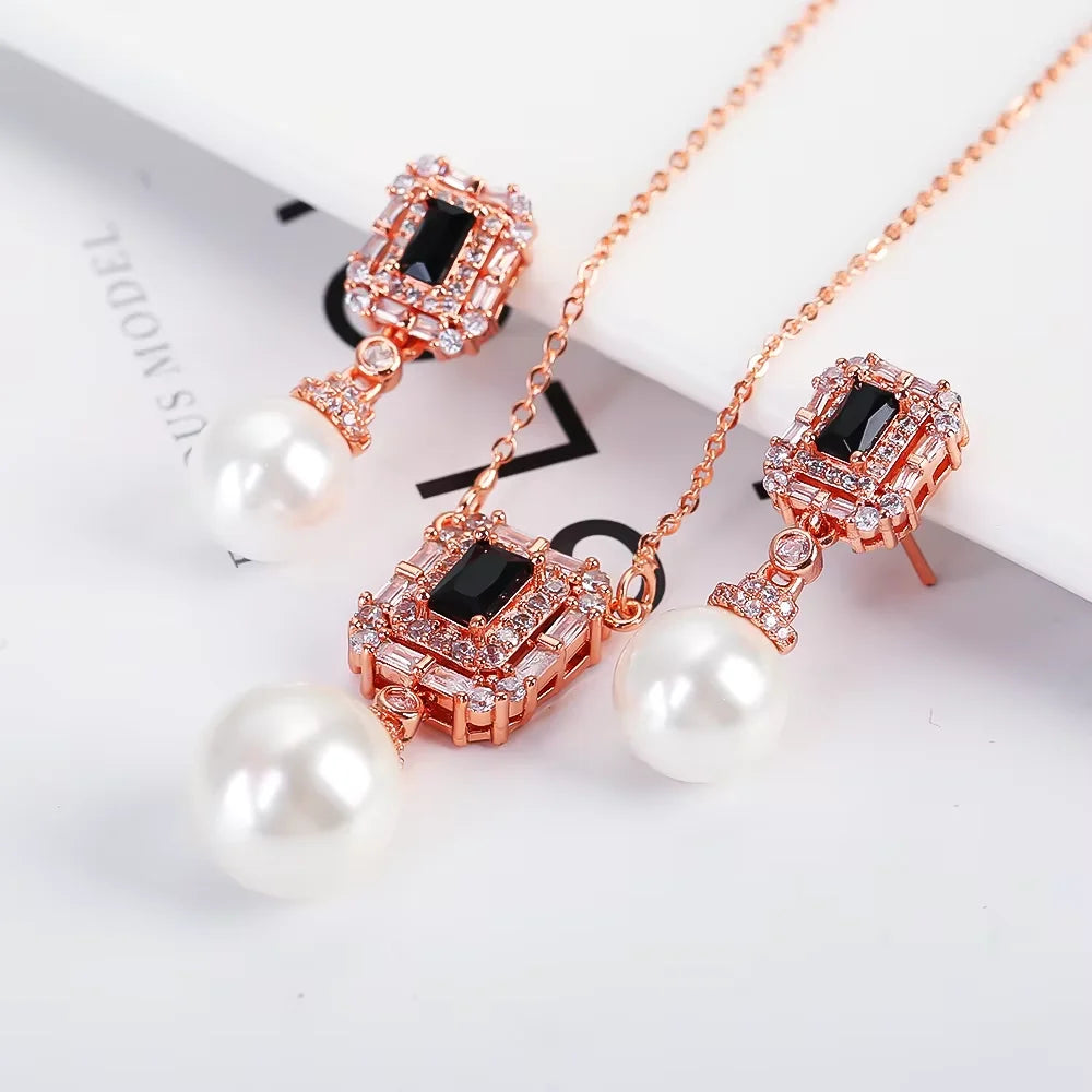 Luxury New Design Simple Irregular Pearl Classic Retro Pendant Necklace Earring Jewelry Set 18K Gold Plated Square Crystal Women