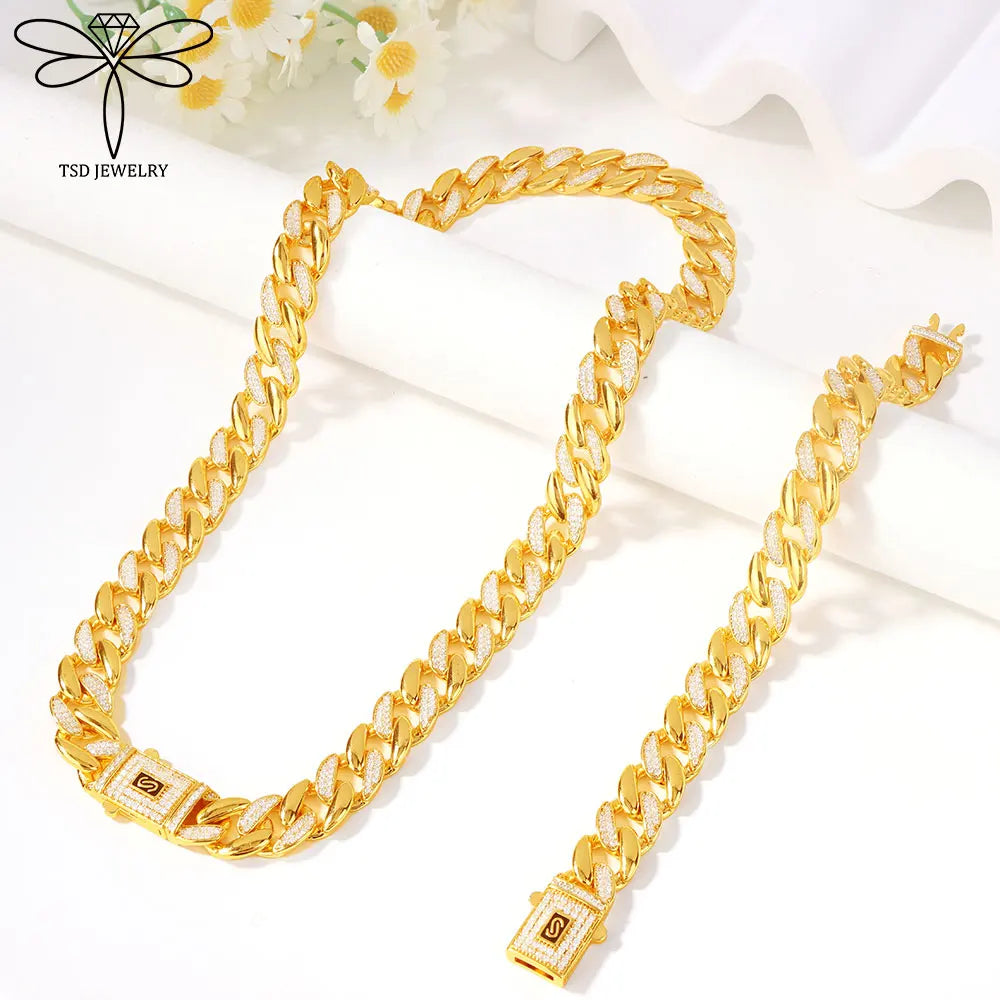 ChooseMe Arabic Dubai Vintage 21K Gold-Plated Cuban Chain & Zirconia Set