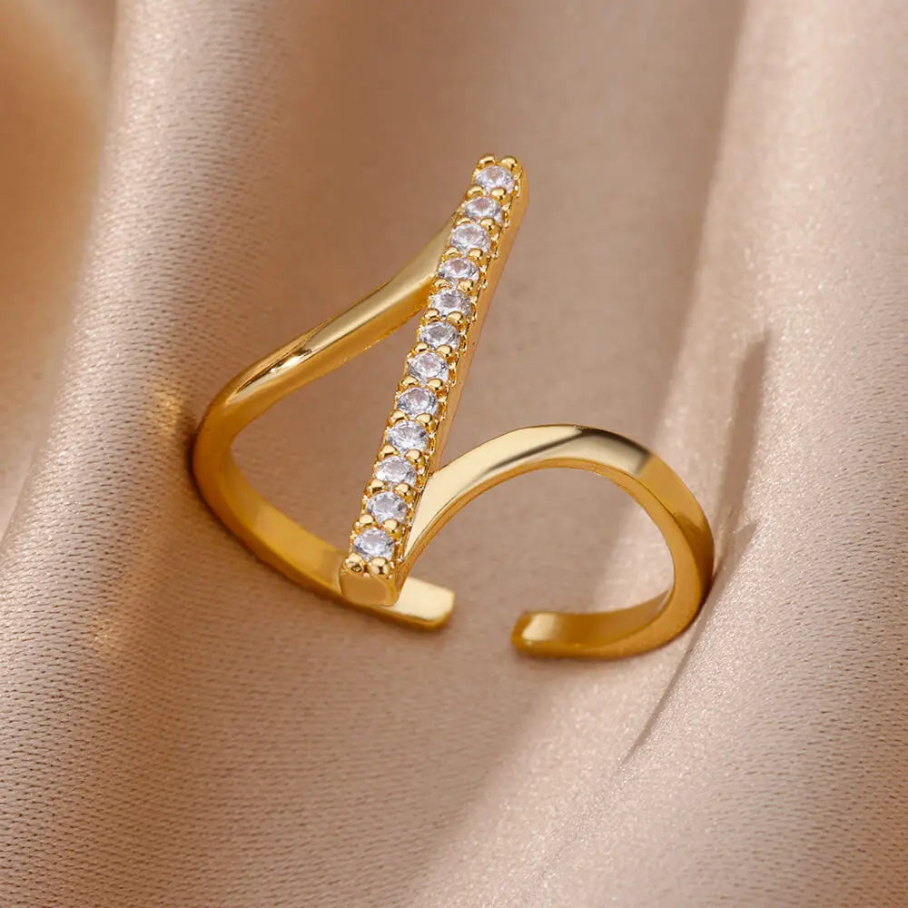 Zircon Geometric Rings For Women Gold Color Stainless Steel Opening Ring Luxury Wedding Party Aesthetic Jewerly Gift Femme 2024