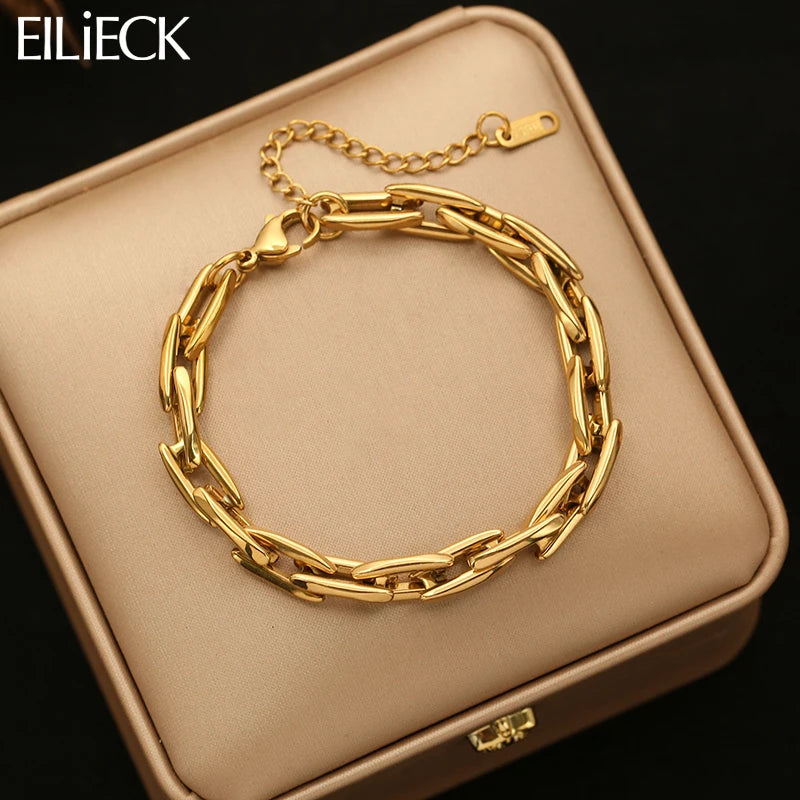EILIECK Waterproof Stainless Steel Geometric Link Chain Bracelet Bangle Statement Metal Polished 18K PVD Plated Stylish Jewelry