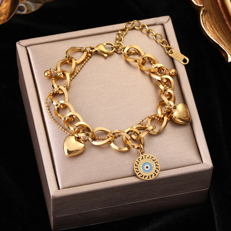 EILIECK 316L Stainless Steel Round Roman Numerals Charms Bracelet For Women Trendy Waterproof Hand Chain Summer Vacation Jewelry