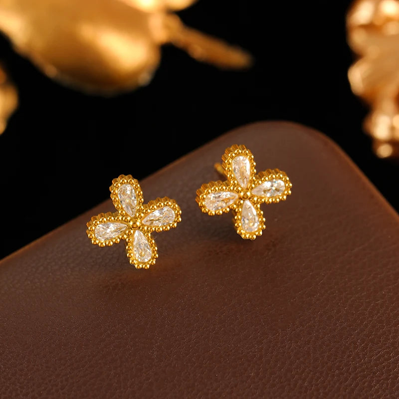 GANEMLY 316L Stainless Steel Flower Zirconia Bracelet Necklace Earrings Set Charm Metal Texture 18K Gold Plated Jewelry Women