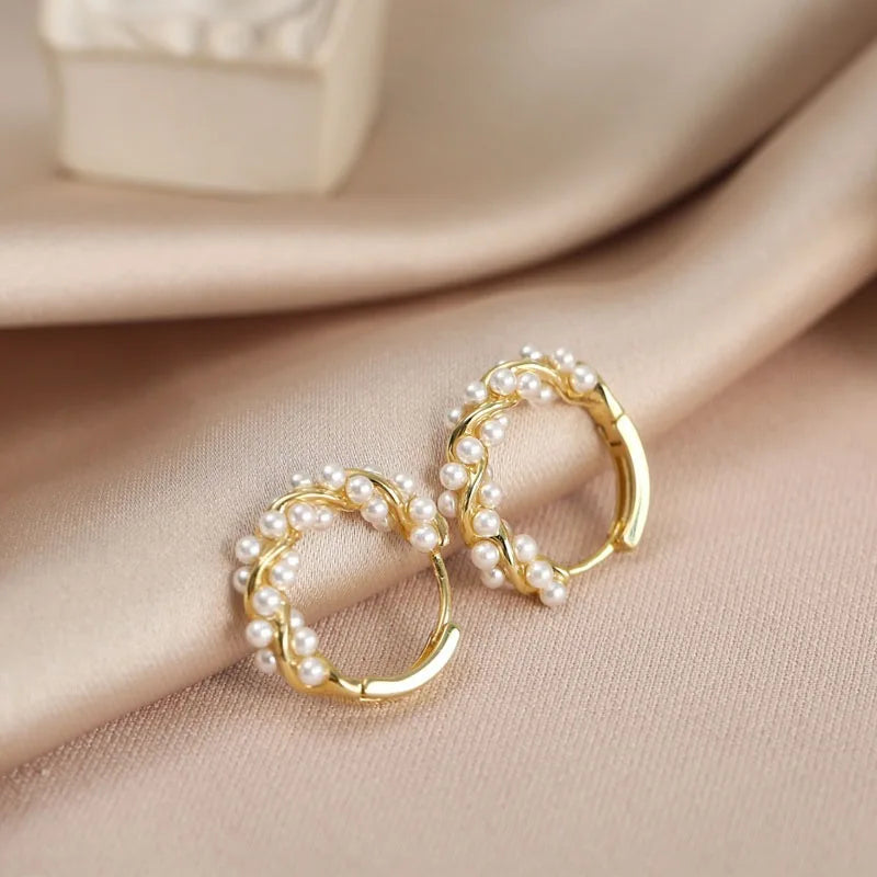 French-Style Minimalist Small Round Imitation Pearl Hoop Earrings