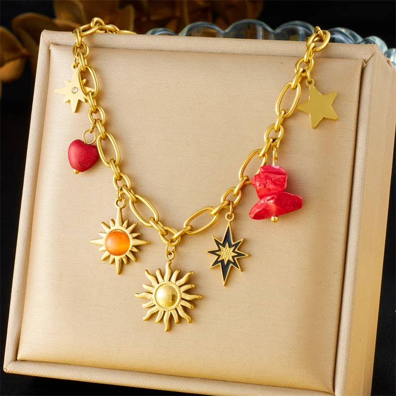 LAMENGLY 316L Stainless Steel Dopamine 5-Leaf Flower Bow Sun Heart  Cherry Necklace Women's Novel Chic Neck Chain Holiday Gifts
