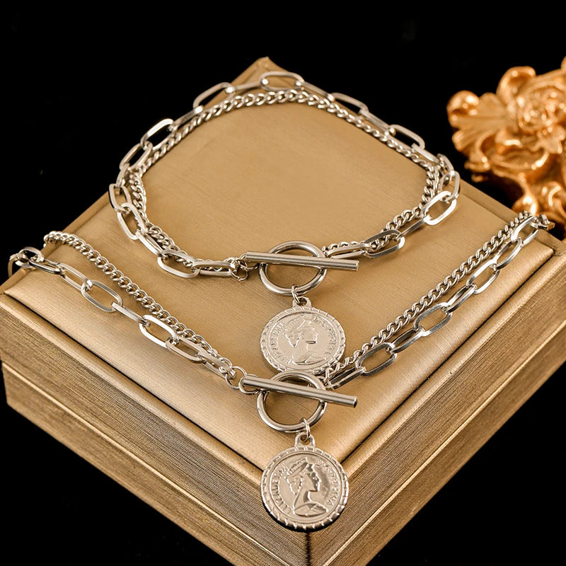 EILIECK 316L Stainless Steel Gold Color Portrait Coin Necklace Bracelets Set For Women New Trendy OT Buckle Waterproof Jewelry