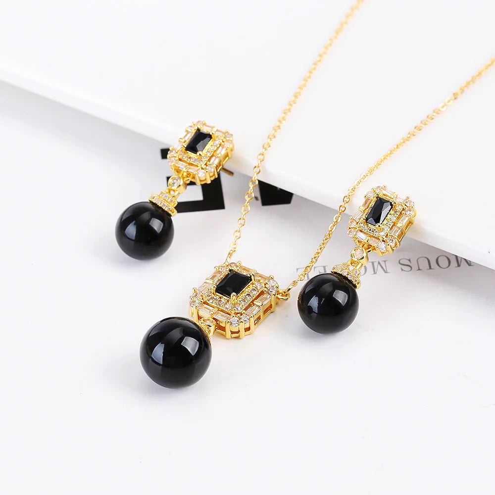 Luxury New Design Simple Irregular Pearl Classic Retro Pendant Necklace Earring Jewelry Set 18K Gold Plated Square Crystal Women