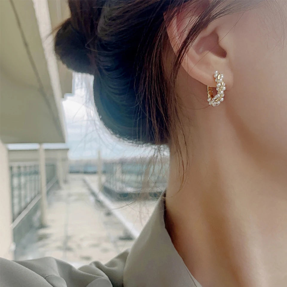 French-Style Minimalist Small Round Imitation Pearl Hoop Earrings