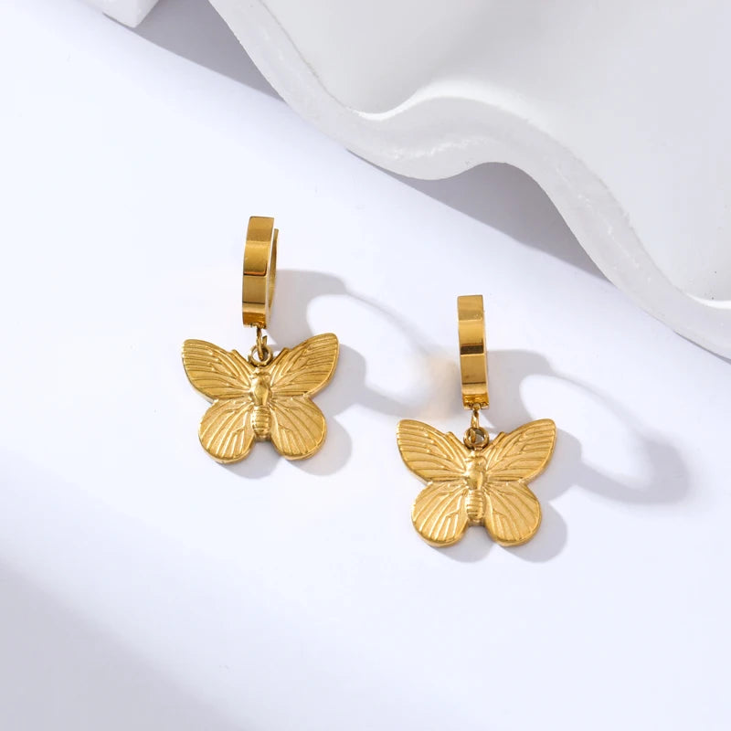 EILIECK Exquisite Butterfly Green Zirconia Dangle Earrings 18K Gold-plated Stainless Steel Women's Trendy Holiday Accessories