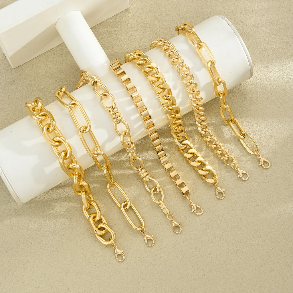 ChooseMey 7Pcs Simple Metal Snake & Twisted Link Chain Bracelet Set