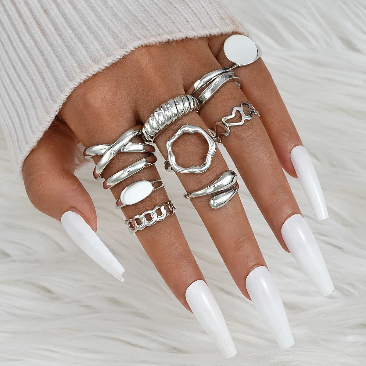 Vintage Bohemian Irregular Geometric & Chain Pattern Gold Color Ring Set, 10 Pcs/Set