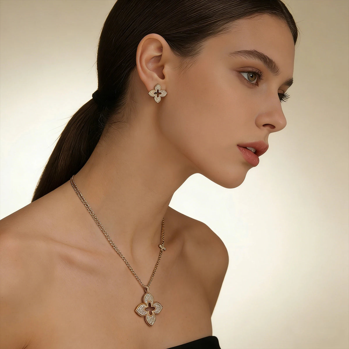 Gold Plated Open Clover Quatrefoil CZ Necklace Earrings Set for Women, Luxury Hollow Flower Pendant Choker Jewelry,