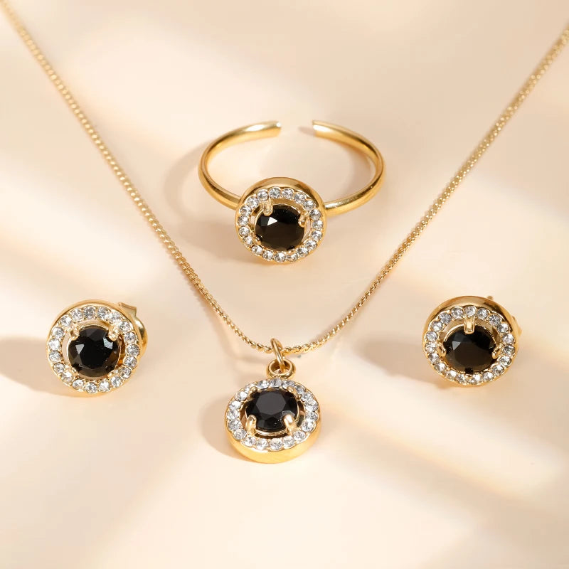 PAXA 3PCS Multicolor Round Cubic Zirconia Stainless Steel Jewelry Sets for Women Earrings Necklace Rings Fashion Elegant Jewelry