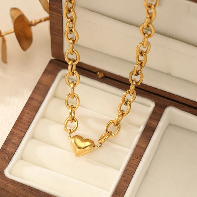 EILIECK 316L Stainless Steel Metal Gold Color Heart Chain Collar Necklace For Women Trendy Waterproof Neck Chain Jewelry Gift