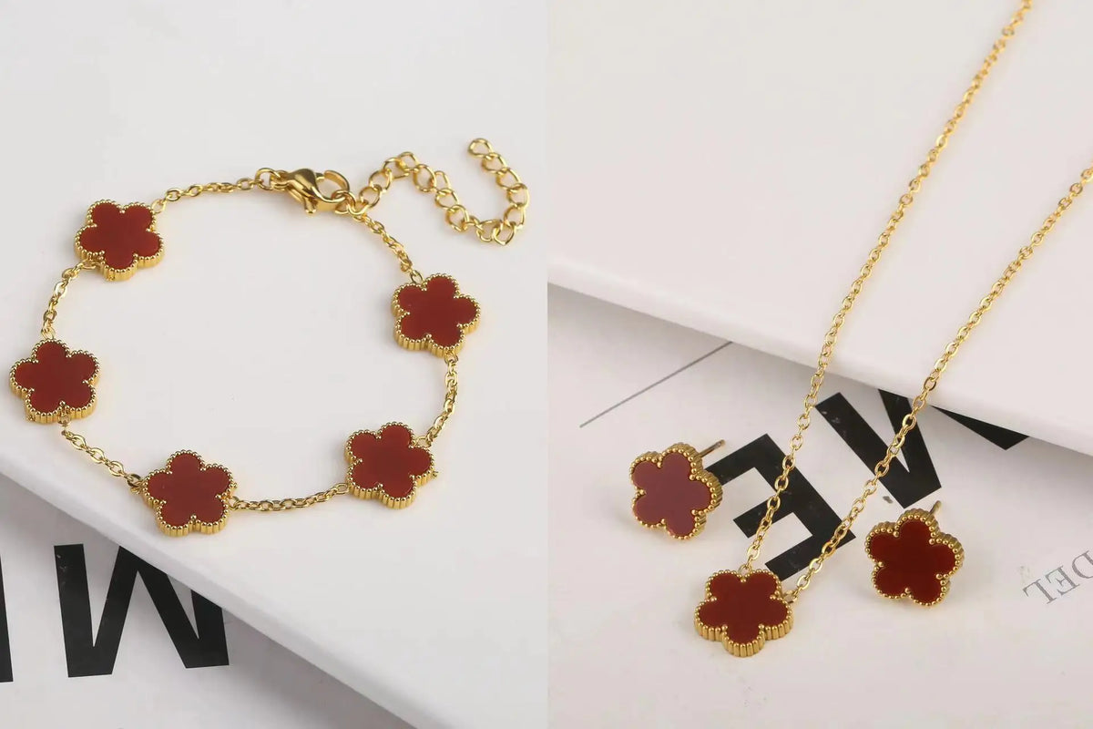 New Creative 4Pcs Stainless Steel Five Leaf Flower Bracelet Necklace Earrings Rings Set For Women Fashion Party Jewelry Clover