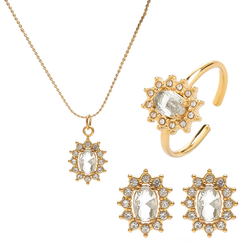 PAXA 3PCS Multicolor Round Cubic Zirconia Stainless Steel Jewelry Sets for Women Earrings Necklace Rings Fashion Elegant Jewelry