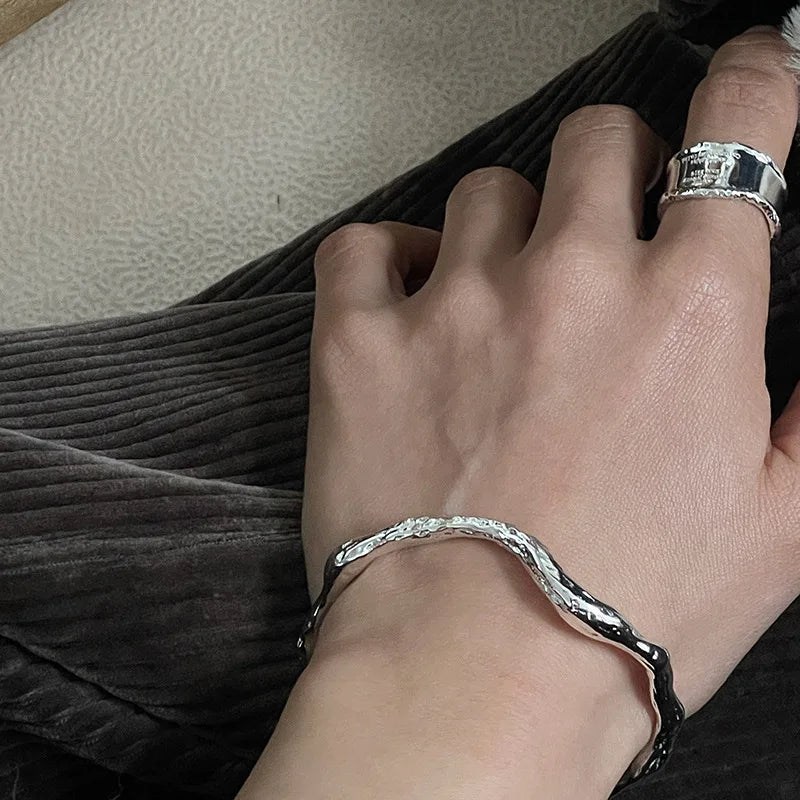 ENSHIR Silver-Color Waterproof Simple Cuff Bangle Bracelet
