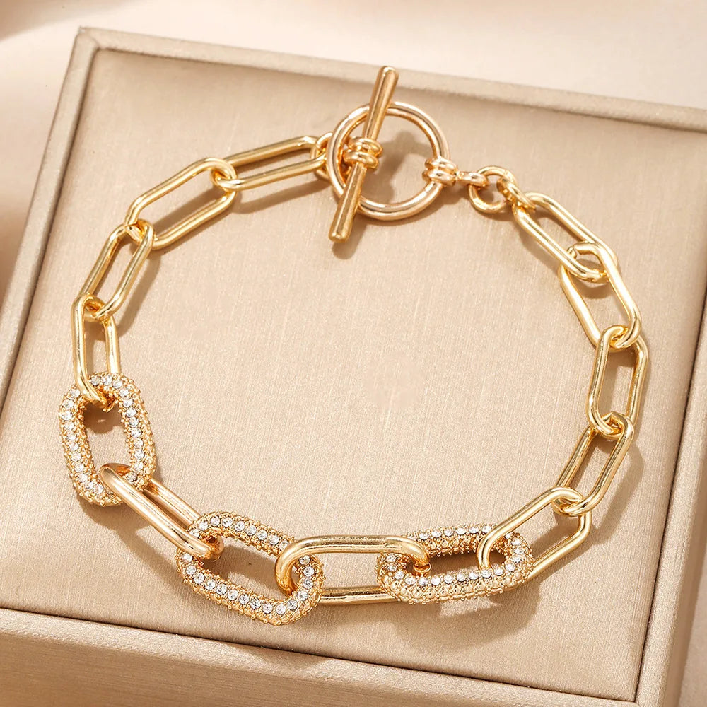 Vintage Simple Hollow Out Zircon Oval Chain Metal Bracelet Set for Woman Fashion Accessories Personalization Punk Charm Jewelry