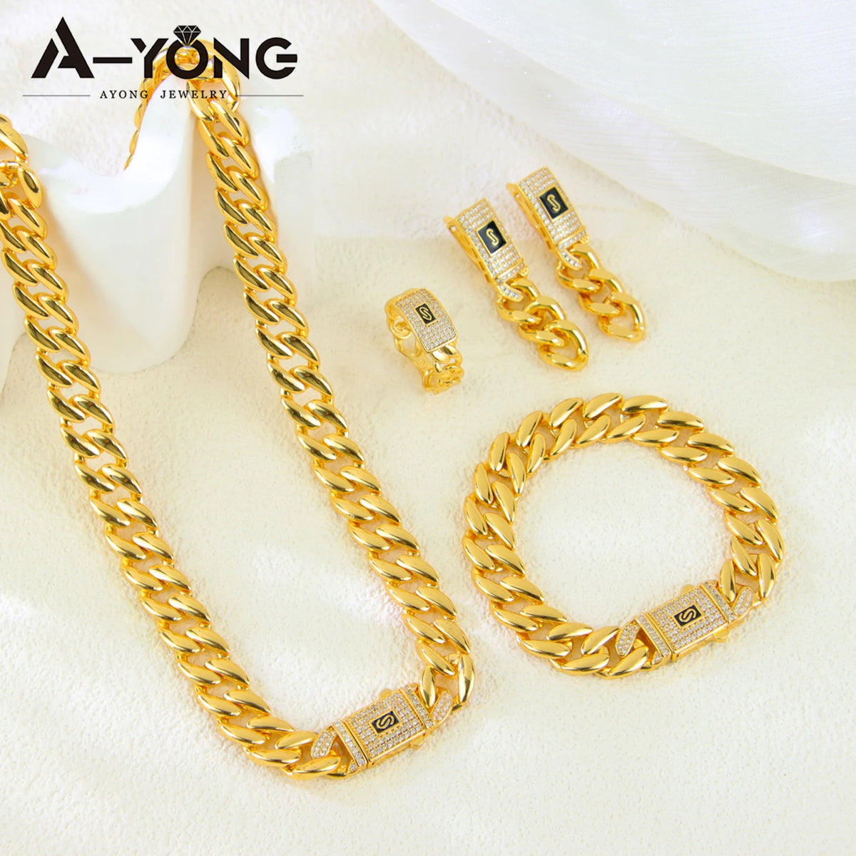 ChooseMe Arabic Dubai Vintage 21K Gold-Plated Cuban Chain & Zirconia Set