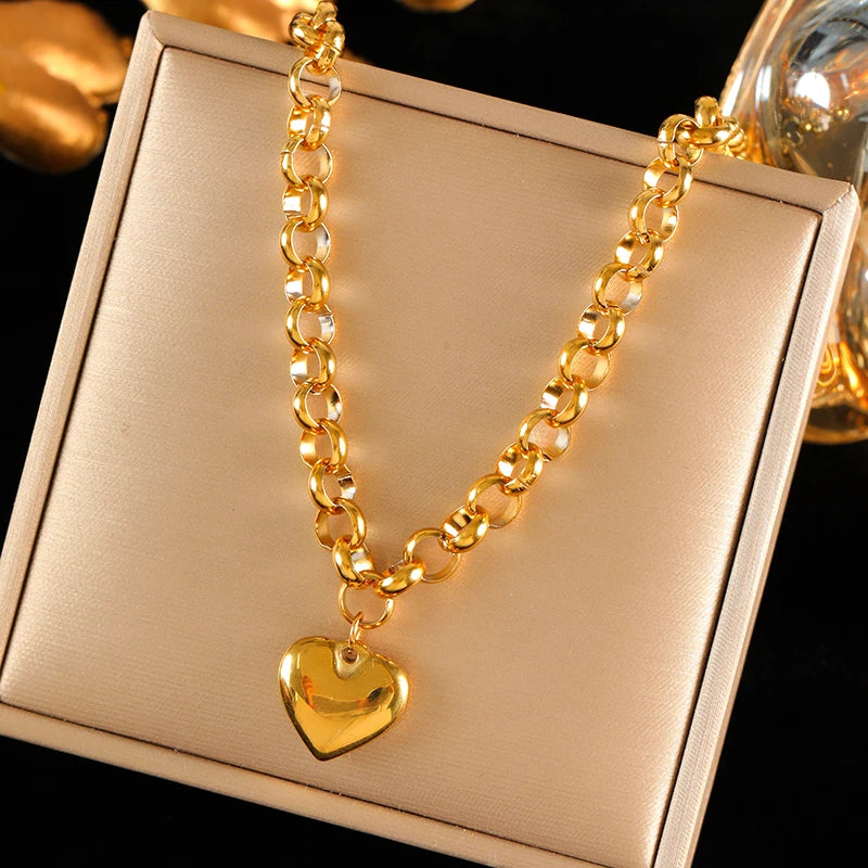 EILIECK 316L Stainless Steel Metal Gold Color Heart Chain Collar Necklace For Women Trendy Waterproof Neck Chain Jewelry Gift
