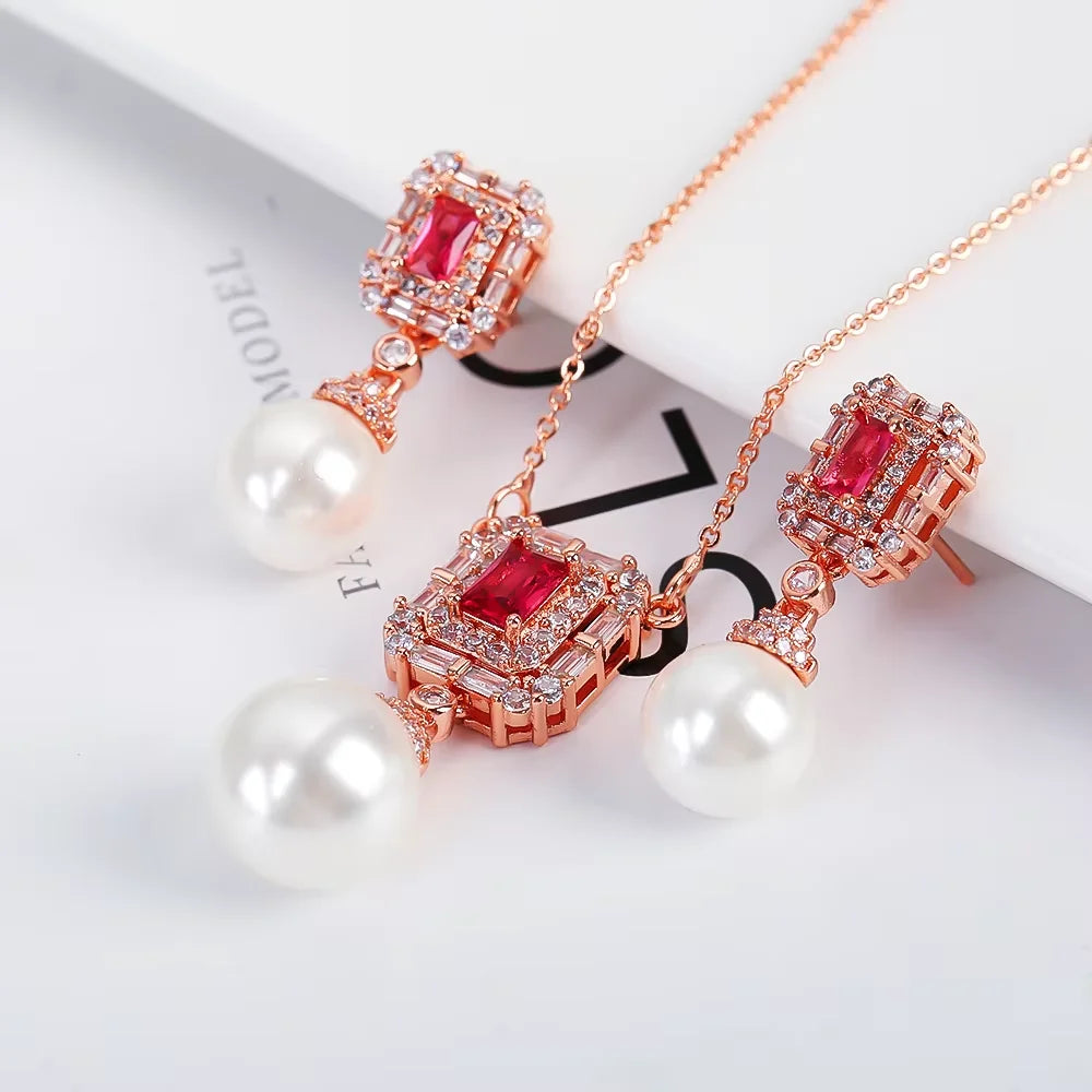 Luxury New Design Simple Irregular Pearl Classic Retro Pendant Necklace Earring Jewelry Set 18K Gold Plated Square Crystal Women