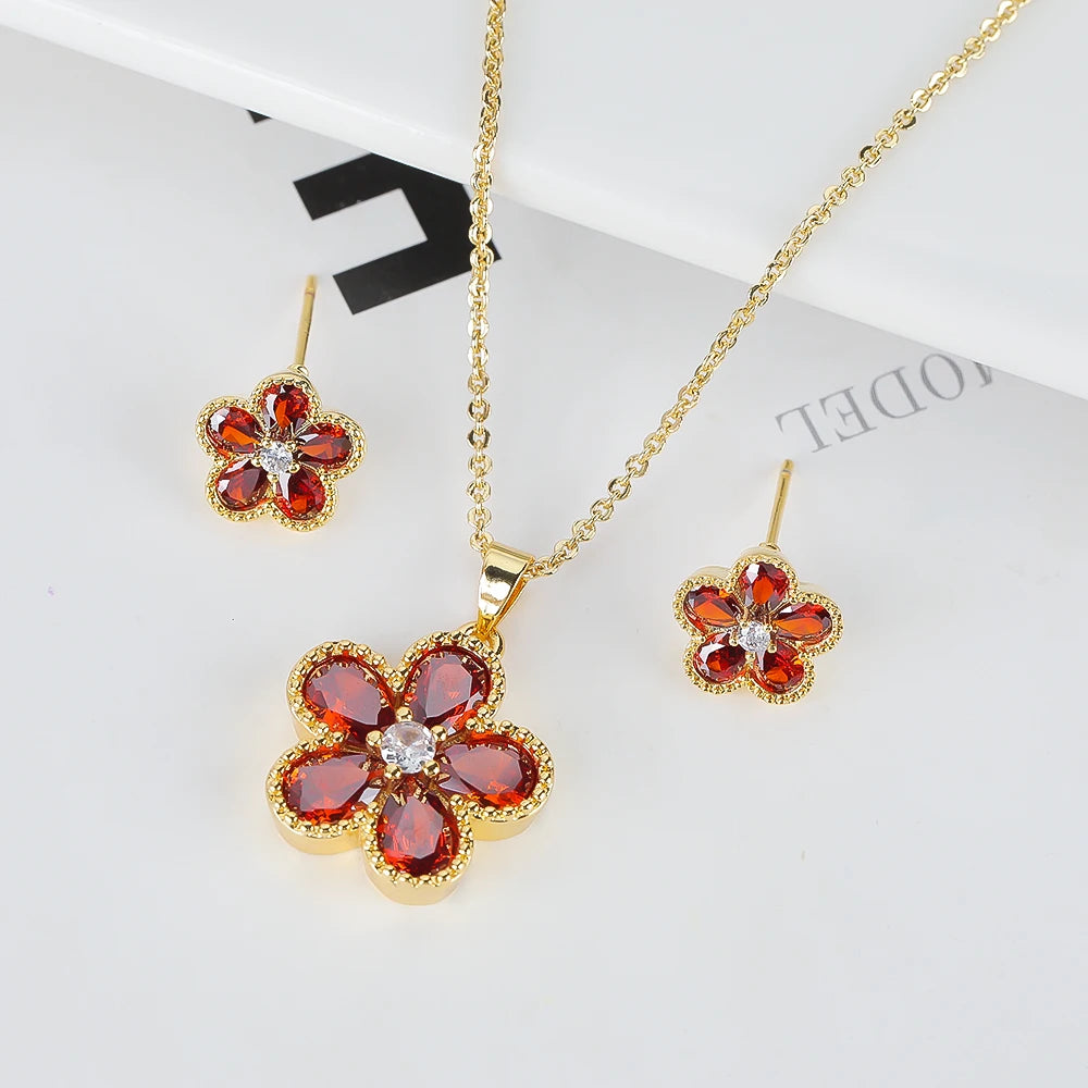 2PC Glass Crystal New Sweet Pendant Necklace Earrings Plum Blossom Five Leaf Flower Luxury Plant Women's Gift Clover